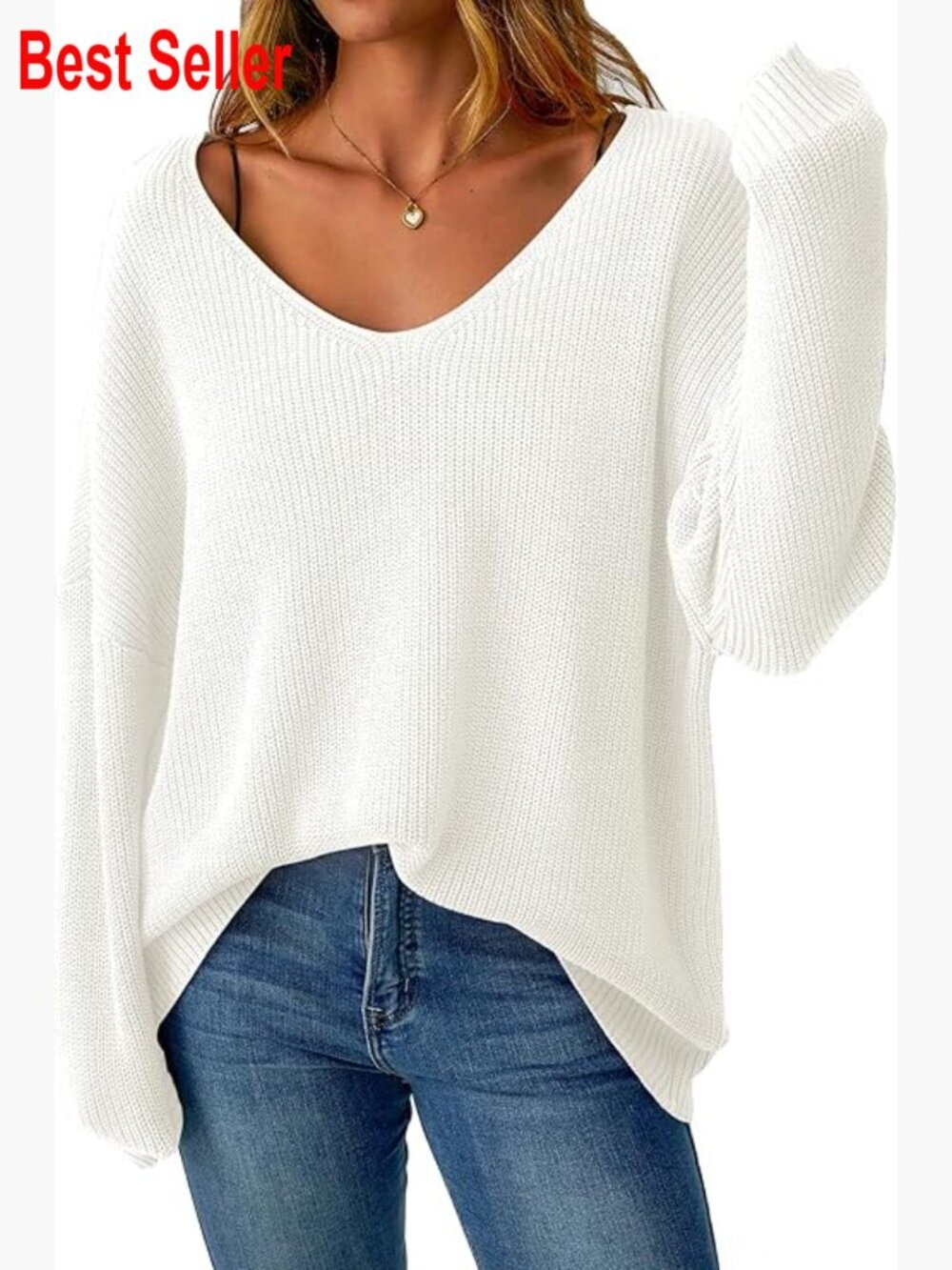 Women's Oversized Chunky Knit V-Neck Off Shoulder Pullover Sweater Loose Fit